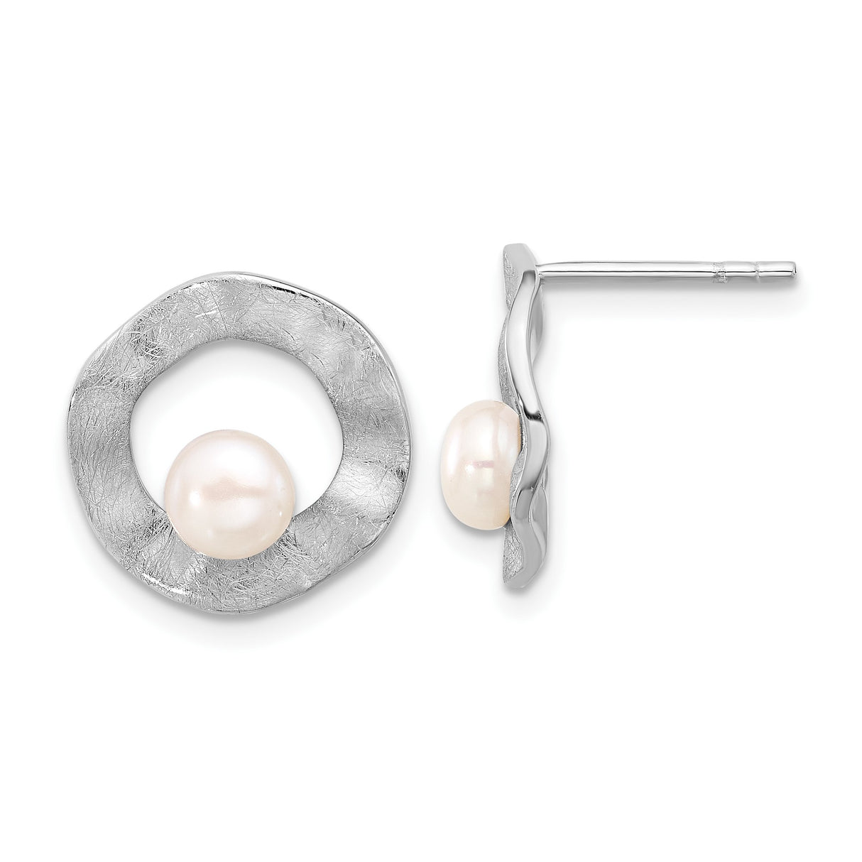Sterling Silver Stud Earrings with White Freshwater Pearl, Textured Open Circle Design