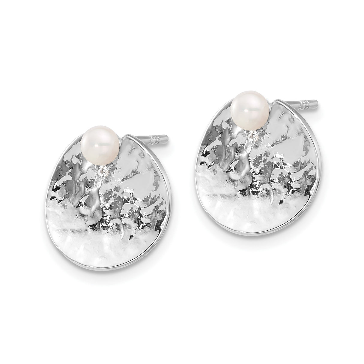 Sterling Silver Stud Earrings with Freshwater Pearl, Crystal Accent, Hammered Disc, Floral Detail