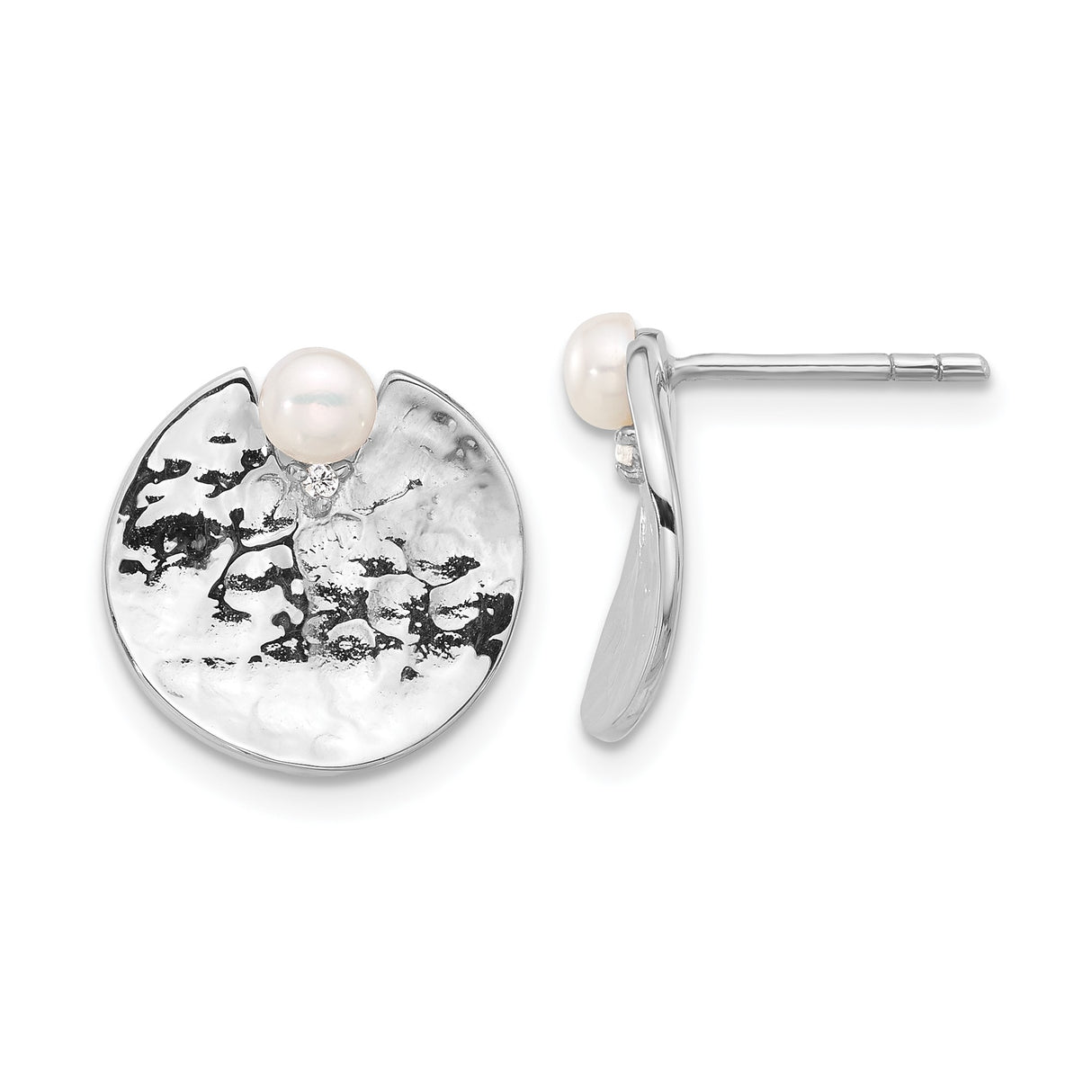 Sterling Silver Stud Earrings with Freshwater Pearl, Crystal Accent, Hammered Disc, Floral Detail
