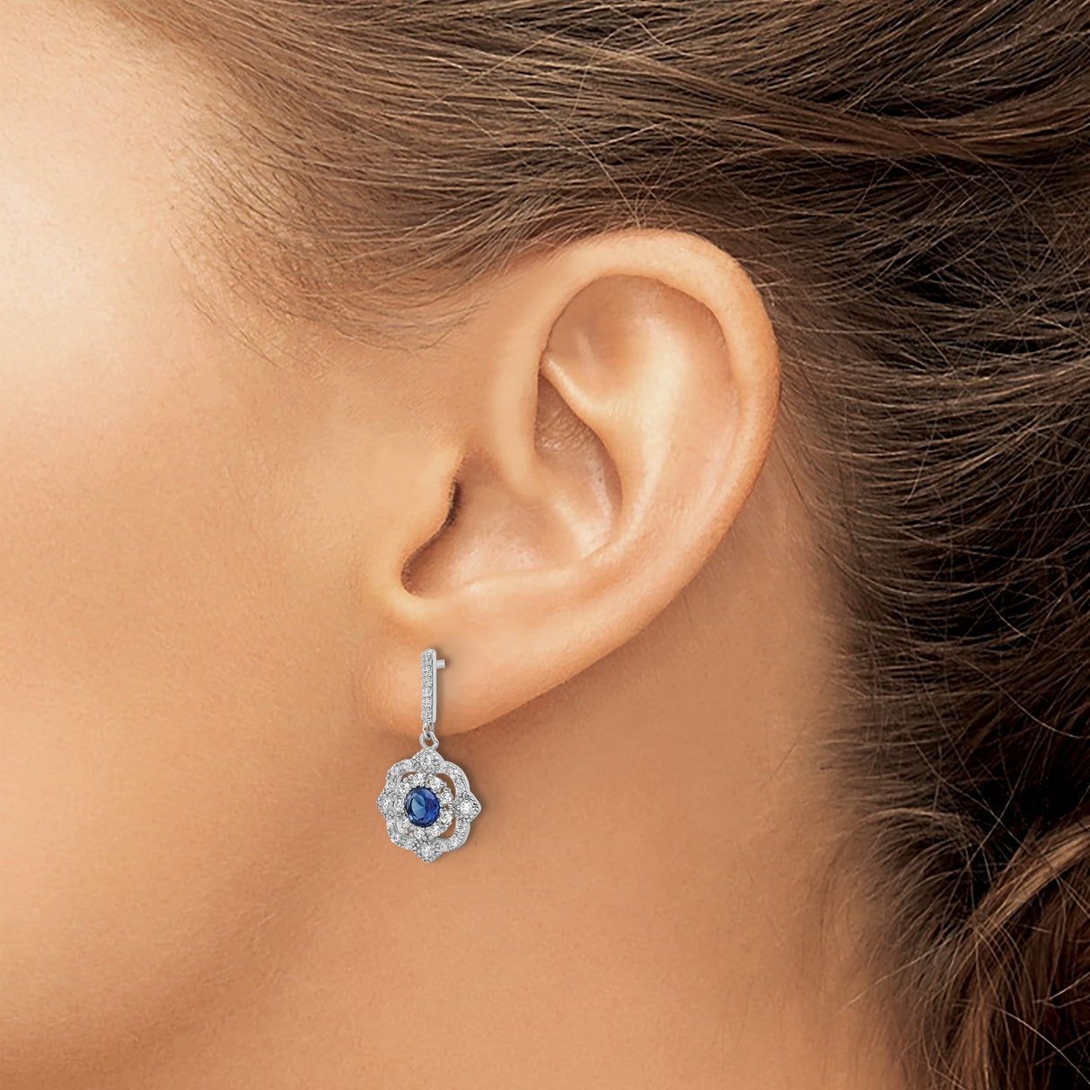 Sterling Silver Dangle Earrings with Blue Gemstone and Cubic Zirconia, Vintage Floral Design
