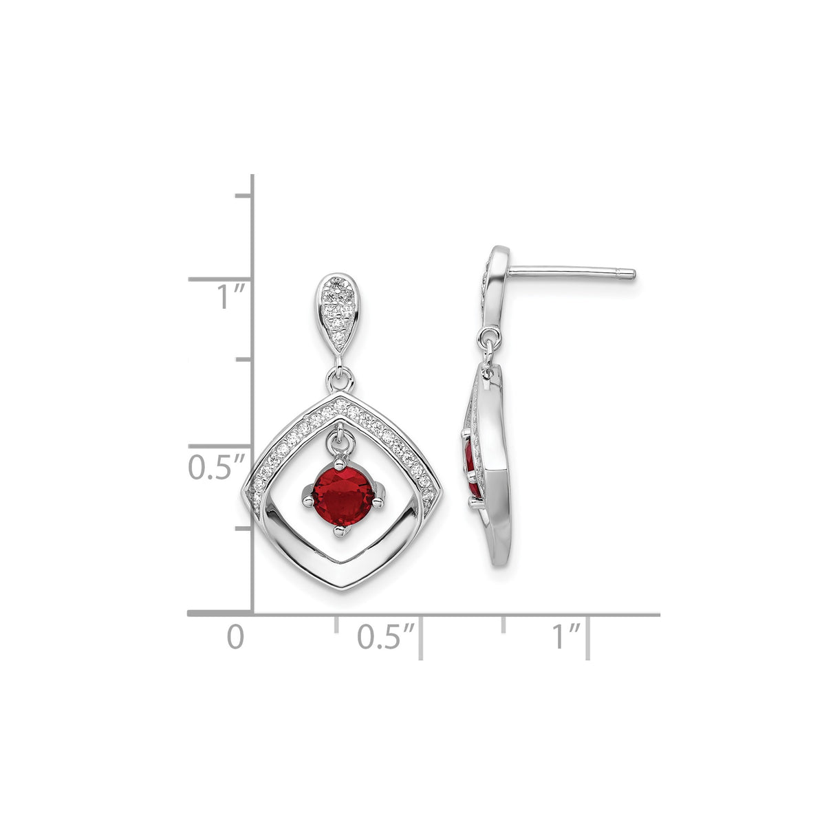 Sterling Silver Drop Earrings with Red Gemstone, Cubic Zirconia Accents, Marquise Design