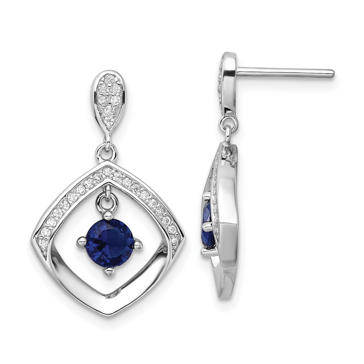 Sterling Silver Dangle Earrings with Deep Blue Round Gemstone and Cubic Zirconia Accents