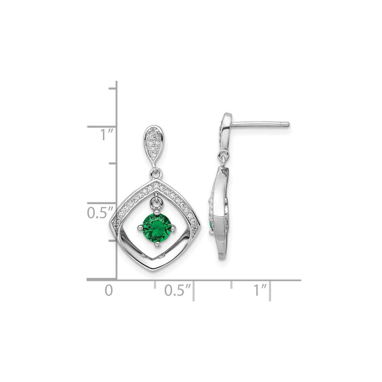 Sterling Silver Dangle Earrings with Cushion-Shaped Frame and Green Cubic Zirconia Center