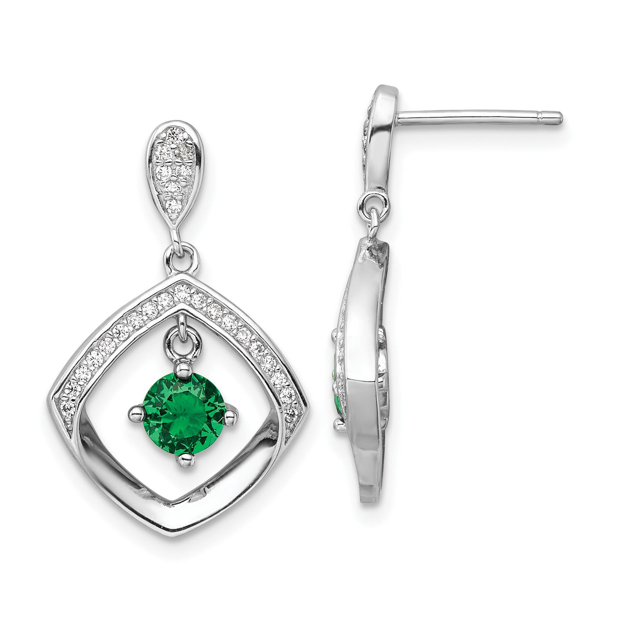 Sterling Silver Dangle Earrings with Cushion-Shaped Frame and Green Cubic Zirconia Center
