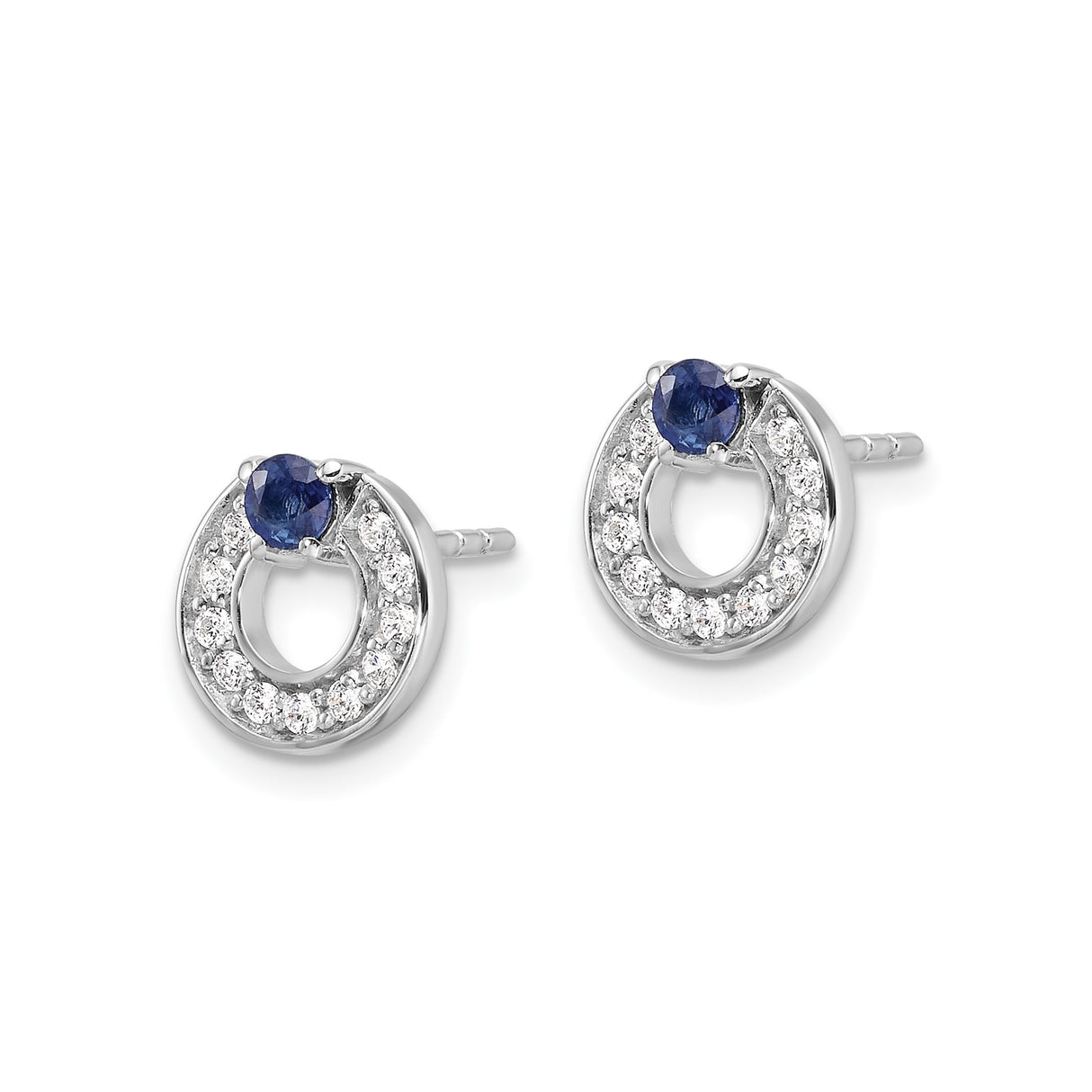 Sterling Silver Stud Earrings with Blue Sapphire and Cubic Zirconia Halo Circle Design