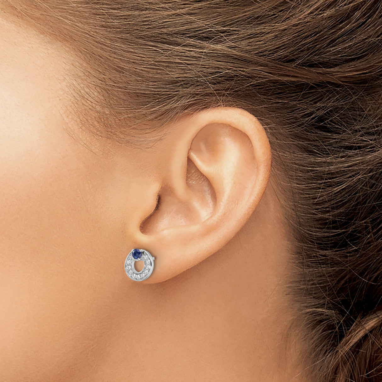 Sterling Silver Stud Earrings with Blue Sapphire and Cubic Zirconia Halo Circle Design