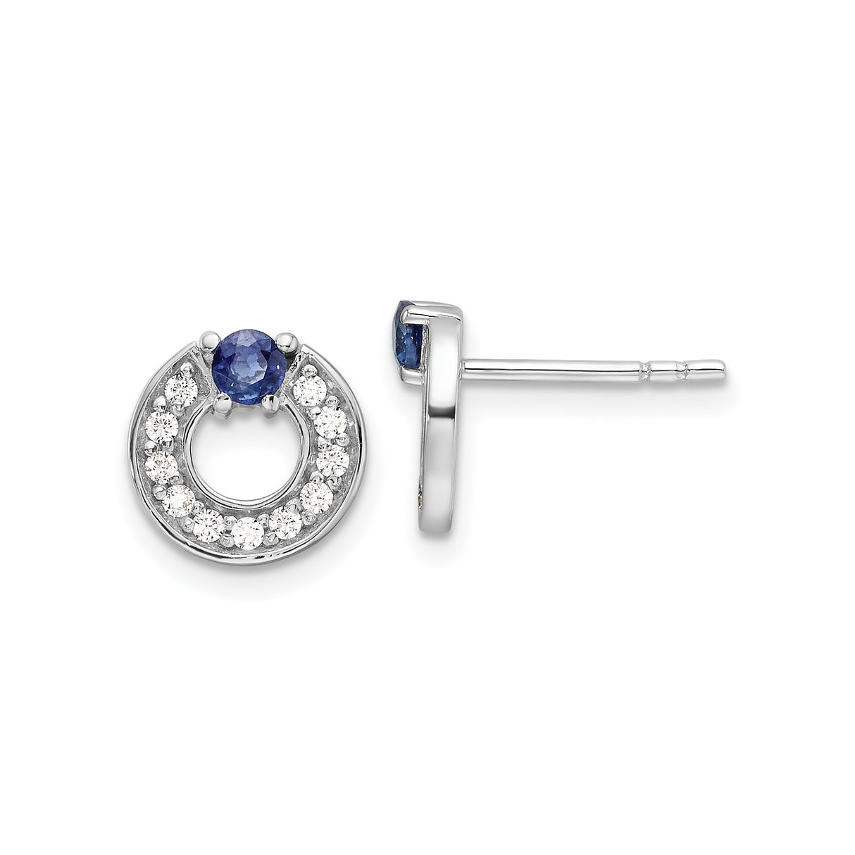 Sterling Silver Stud Earrings with Blue Sapphire and Cubic Zirconia Halo Circle Design