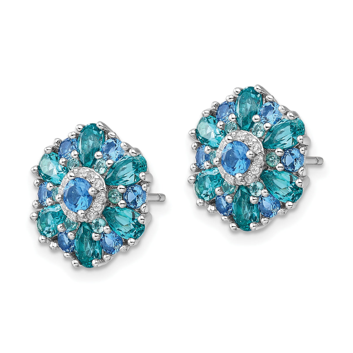 Sterling Silver Floral Stud Earrings with Blue Teal Crystal and Cubic Zirconia Petals