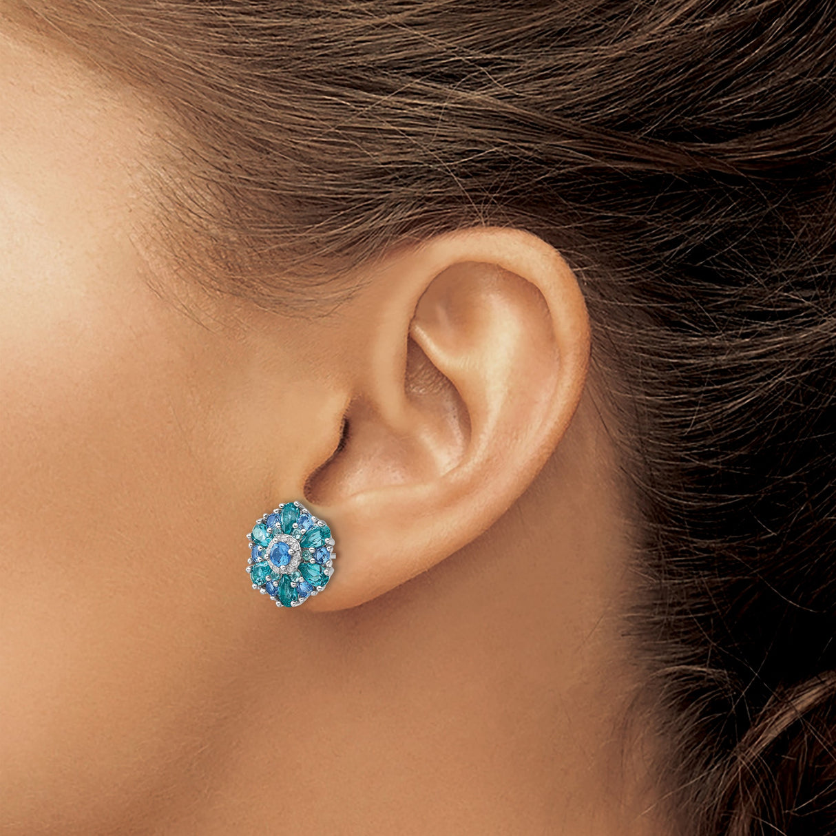 Sterling Silver Floral Stud Earrings with Blue Teal Crystal and Cubic Zirconia Petals