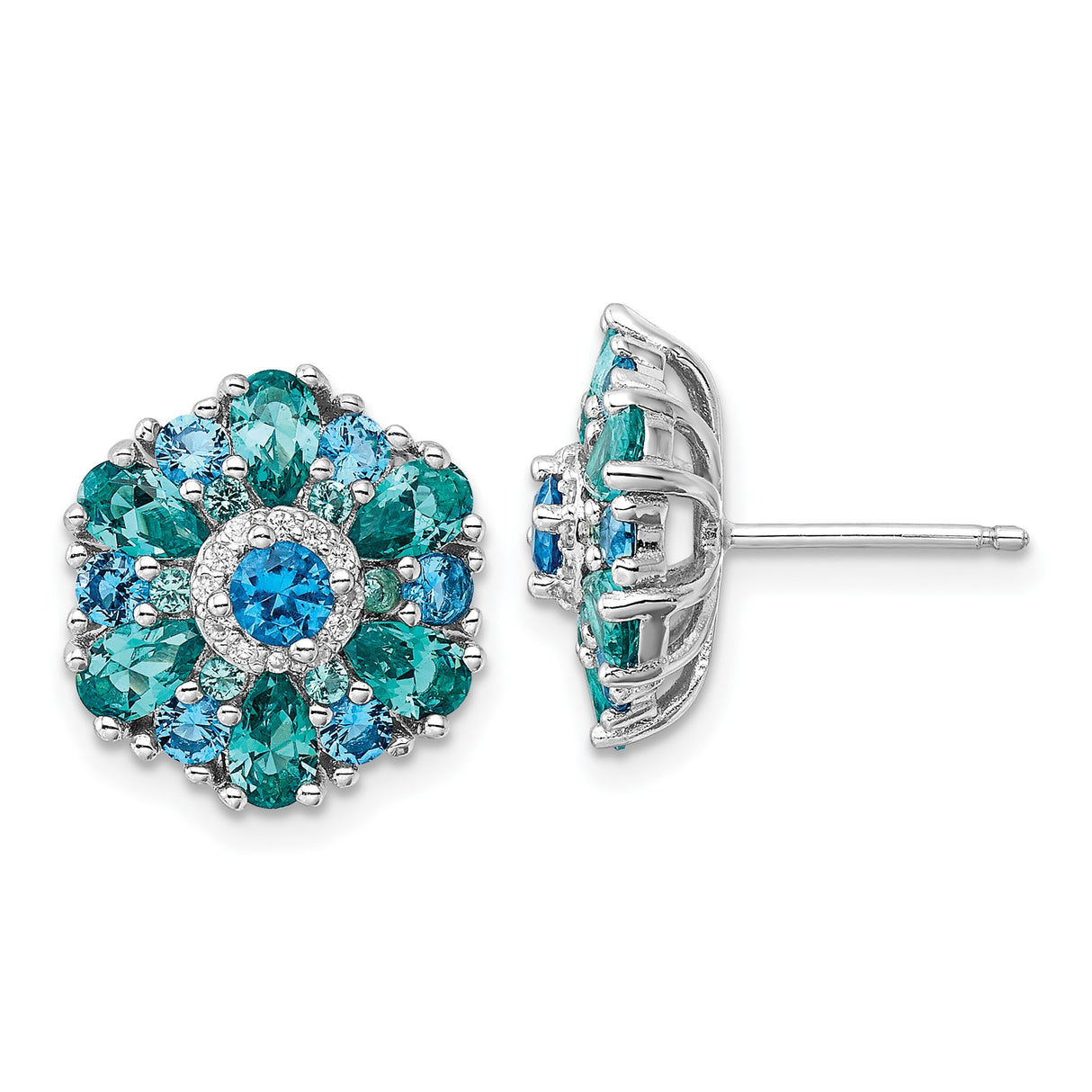 Sterling Silver Floral Stud Earrings with Blue Teal Crystal and Cubic Zirconia Petals