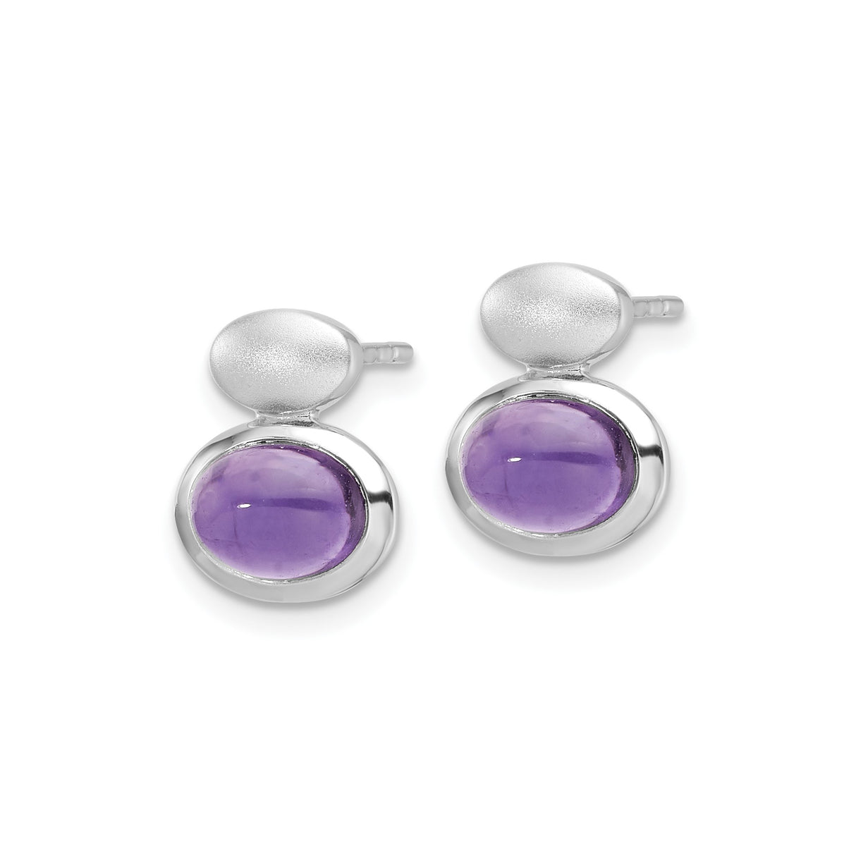 Sterling Silver Amethyst Stud Earrings, Oval Cabochon Bezel Set, Matte Finish, Minimalist Design