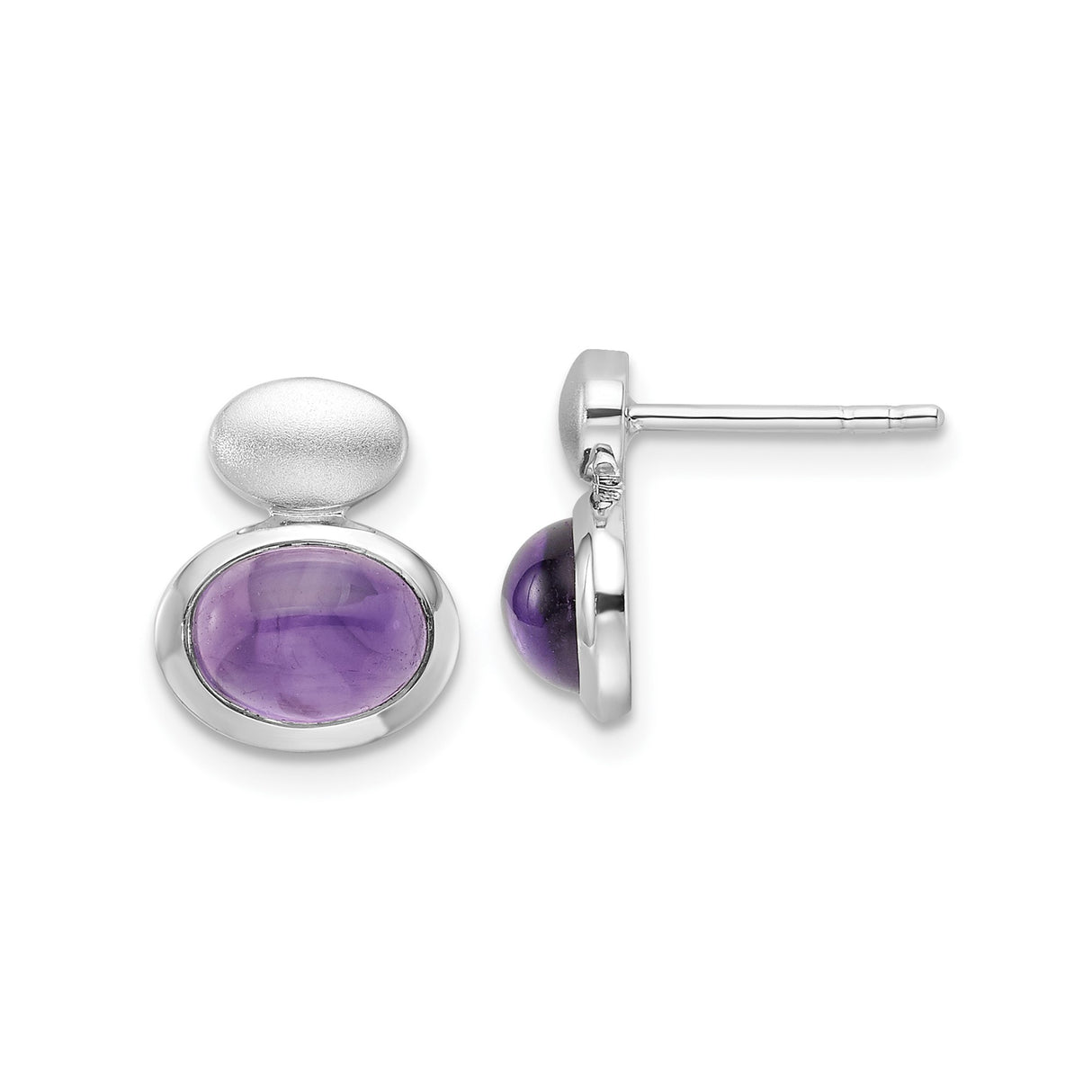 Sterling Silver Amethyst Stud Earrings, Oval Cabochon Bezel Set, Matte Finish, Minimalist Design