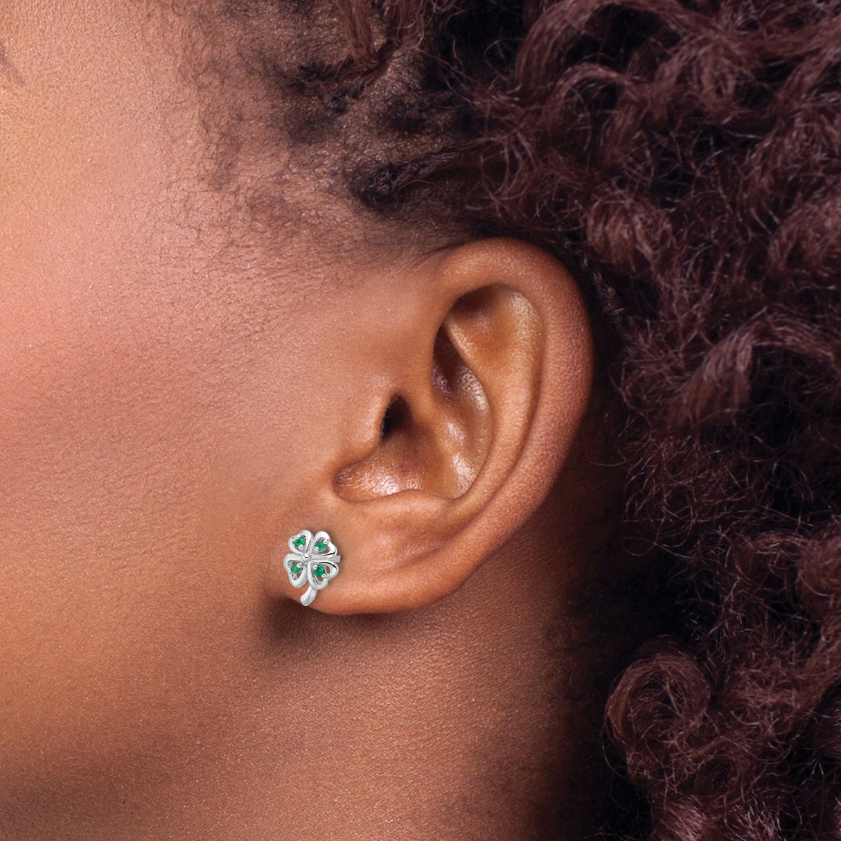 Sterling Silver Four Leaf Clover Stud Earrings with Emerald Accents, Lucky Charm Design for Women