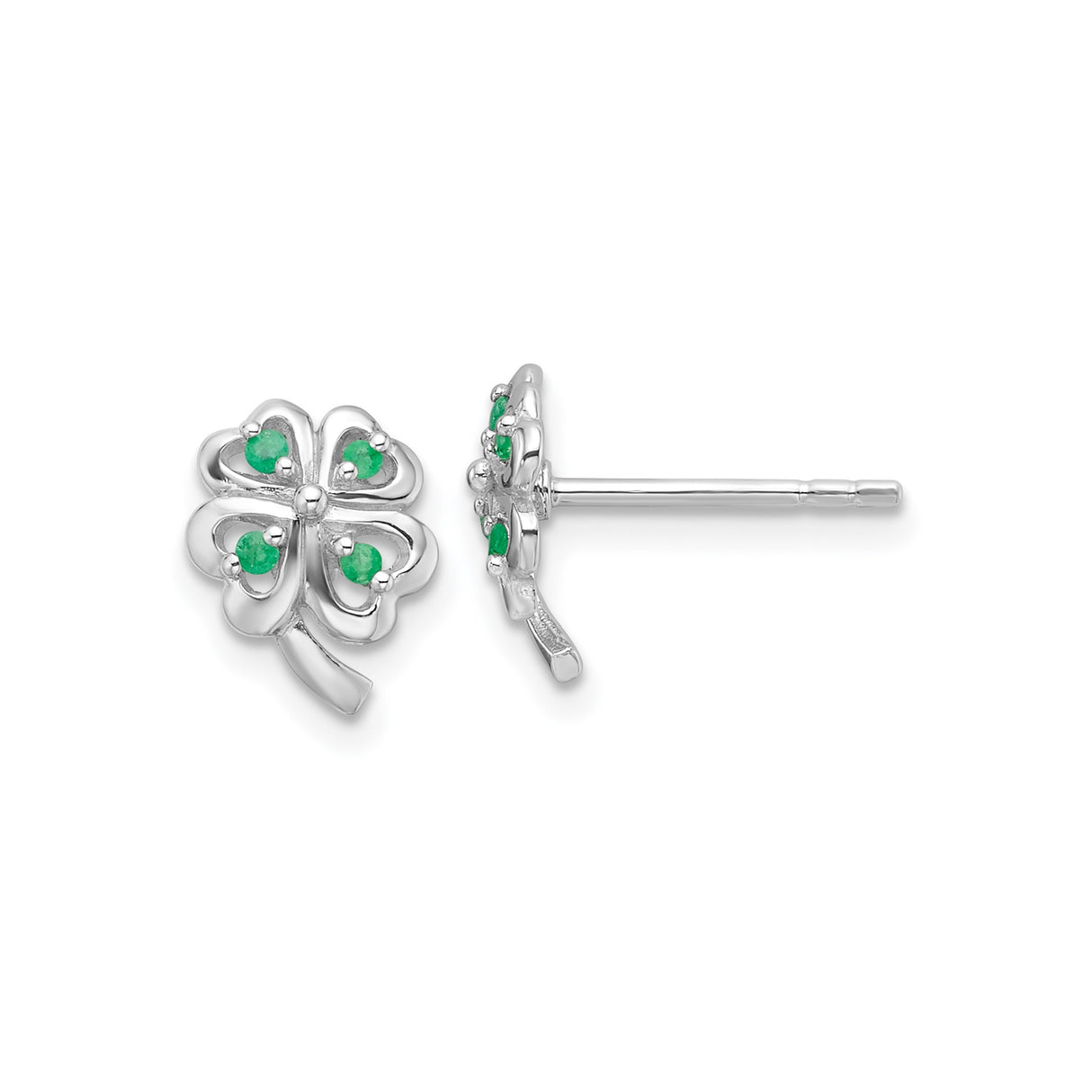 Sterling Silver Four Leaf Clover Stud Earrings with Emerald Accents, Lucky Charm Design for Women