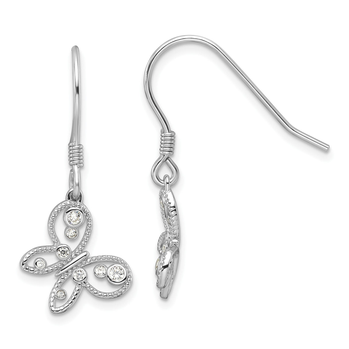 Sterling Silver Butterfly Dangle Earrings with Cubic Zirconia, Nature-Inspired Hook Drop Design