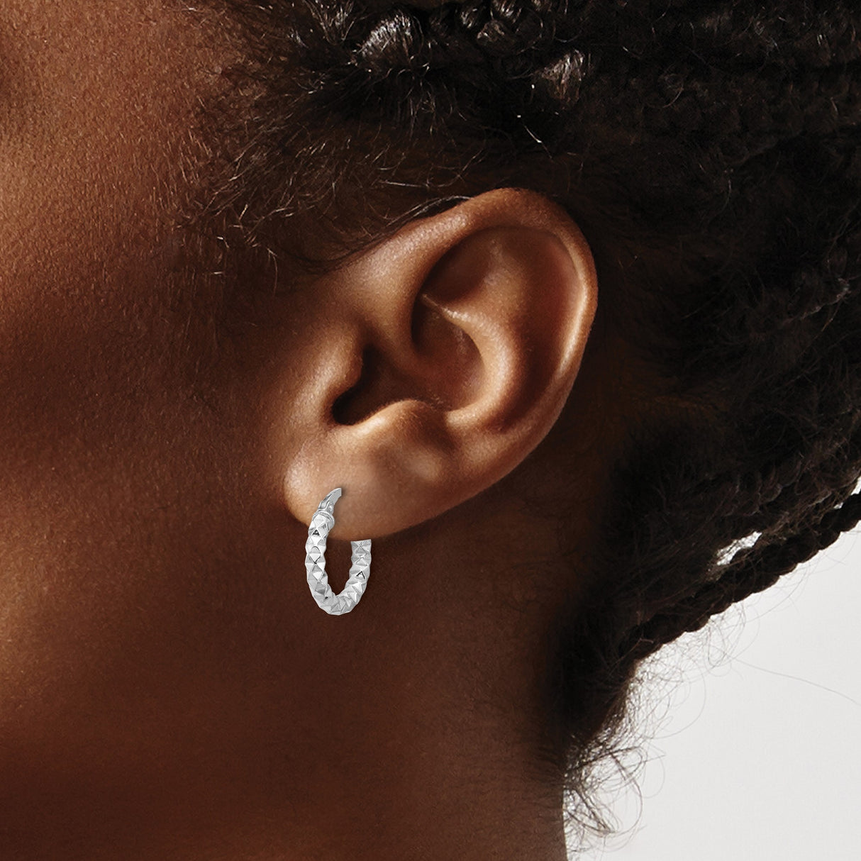 Sterling Silver Hoop Earrings, Diamond Cut Textured Faceted Design with Rhodium Finish