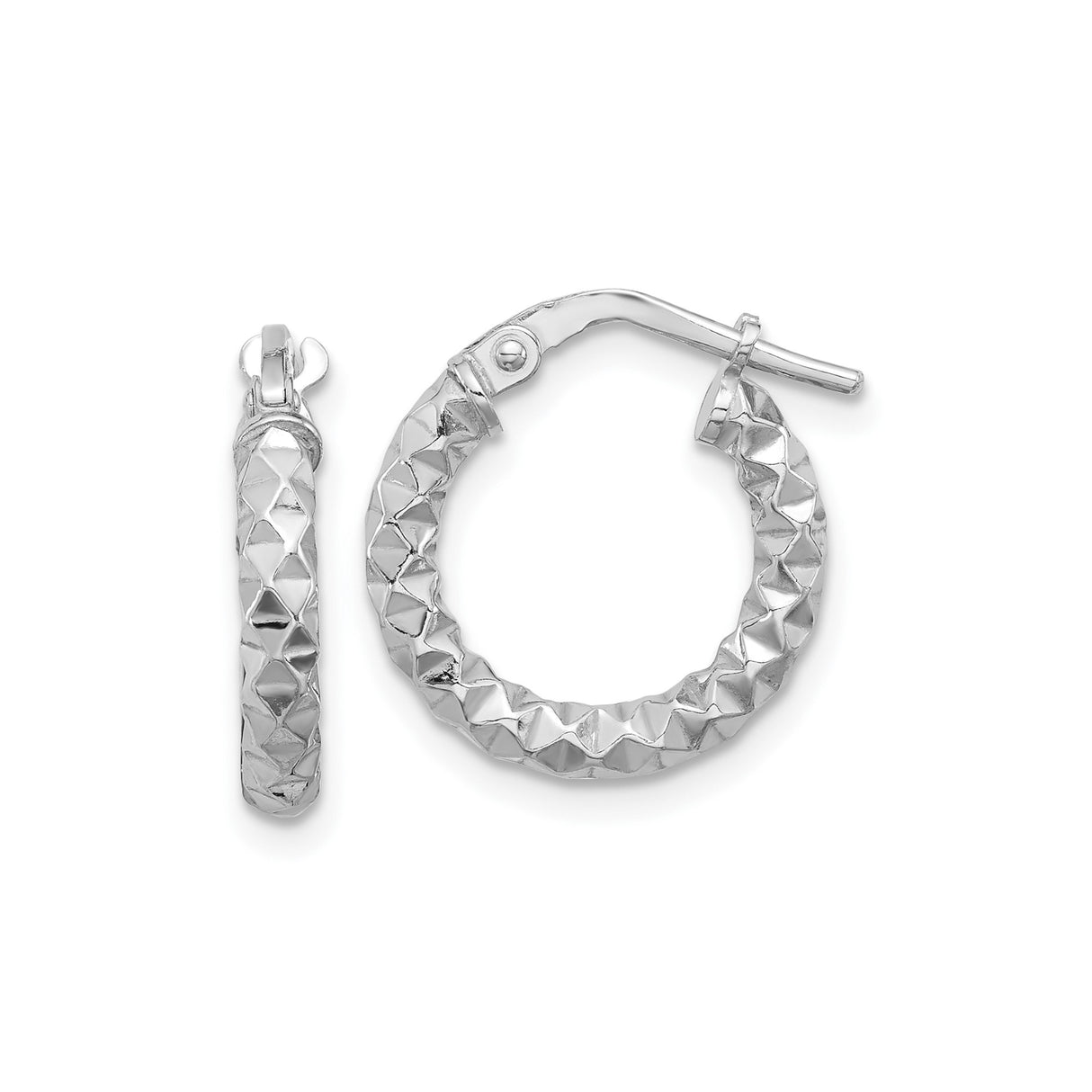 Sterling Silver Hoop Earrings, Diamond Cut Textured Faceted Design with Rhodium Finish