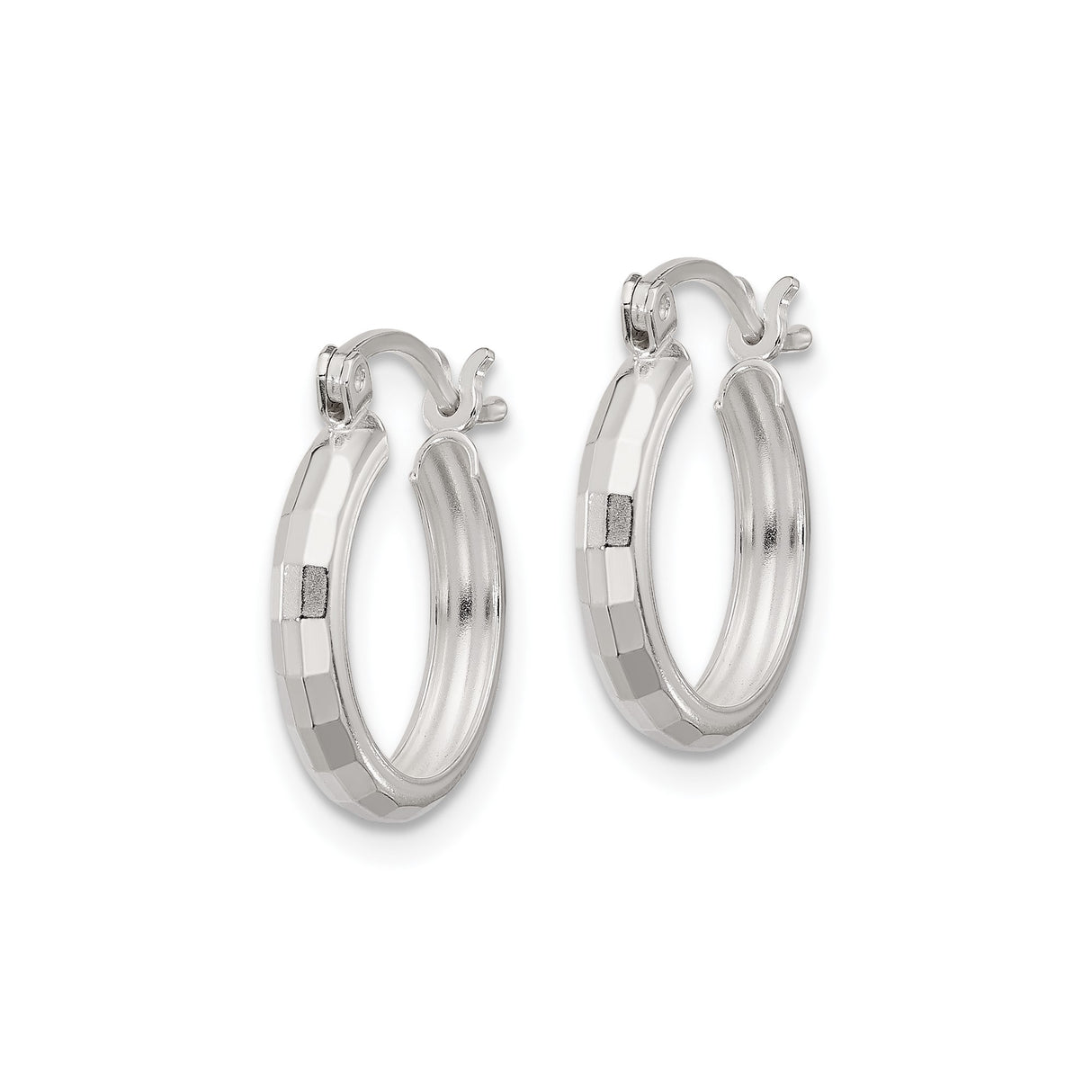 Sterling Silver Hoop Earrings with Faceted Textured Polished Finish, Hinged Closure, Lightweight Design