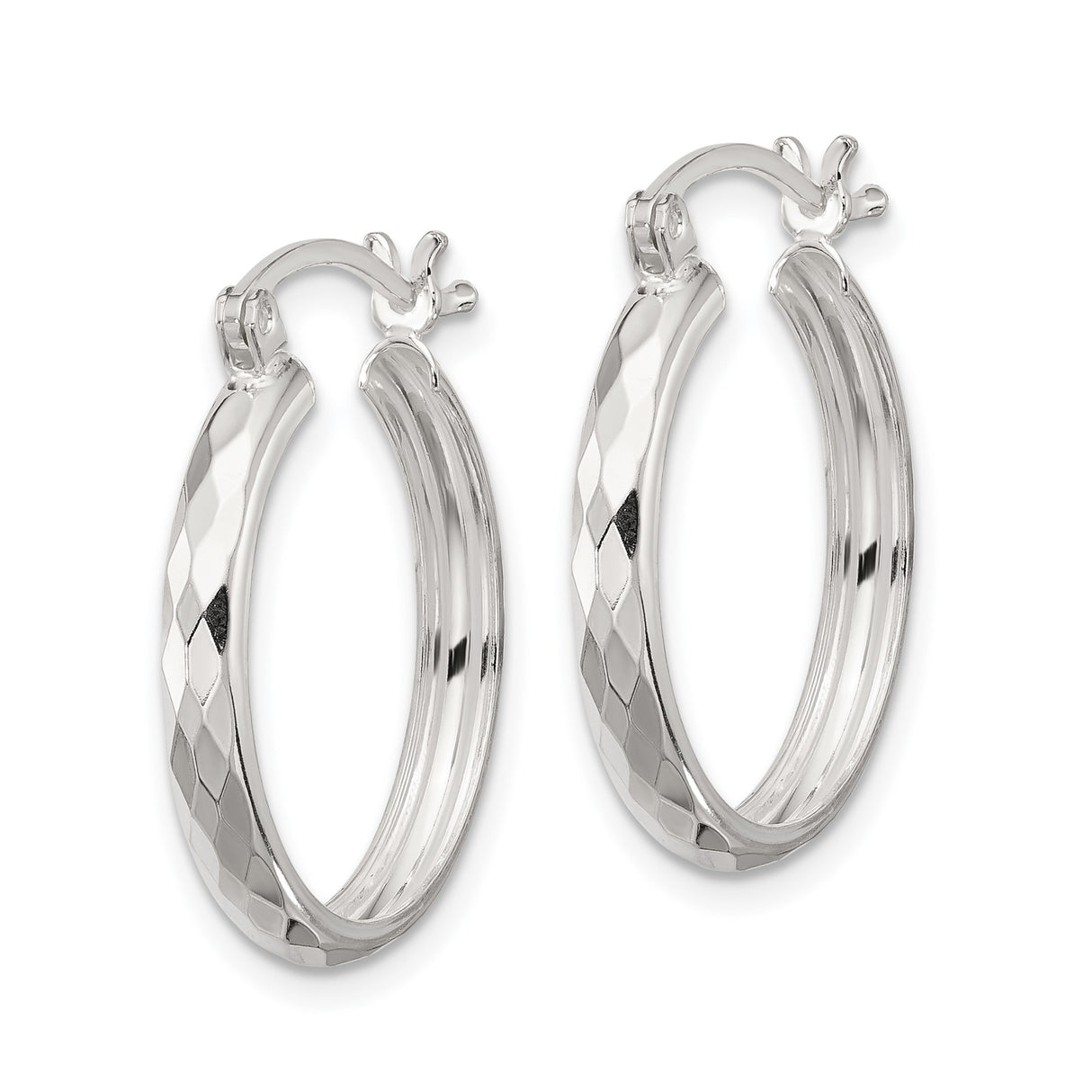 Sterling Silver Hoop Earrings, Diamond Cut Textured Finish, Medium Lightweight Everyday Style