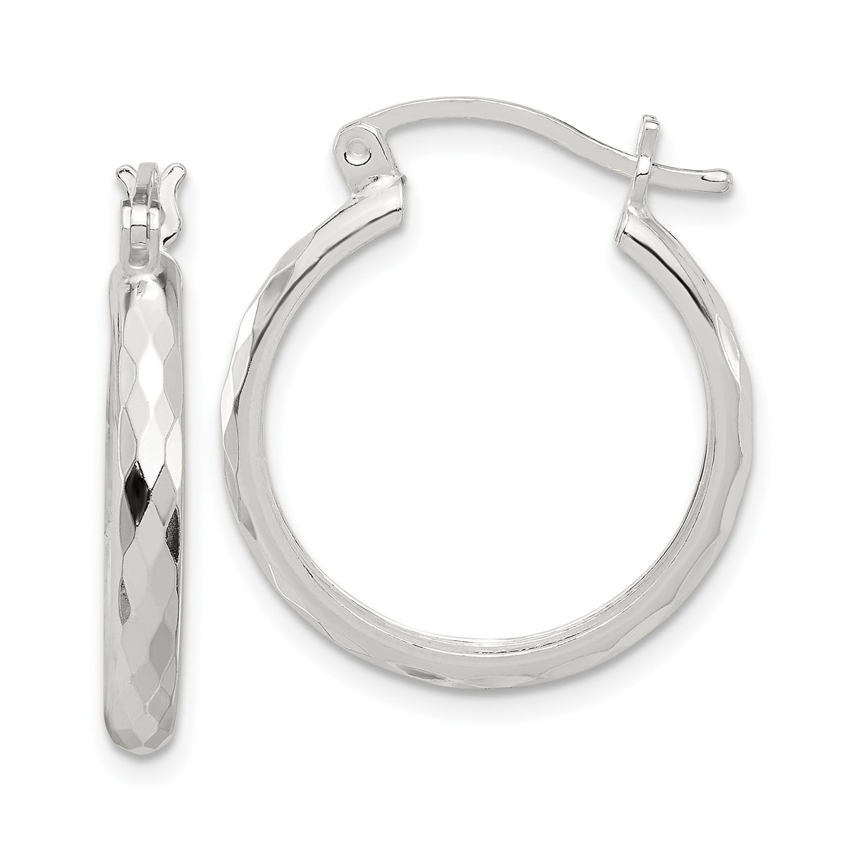 Sterling Silver Hoop Earrings, Diamond Cut Textured Finish, Medium Lightweight Everyday Style