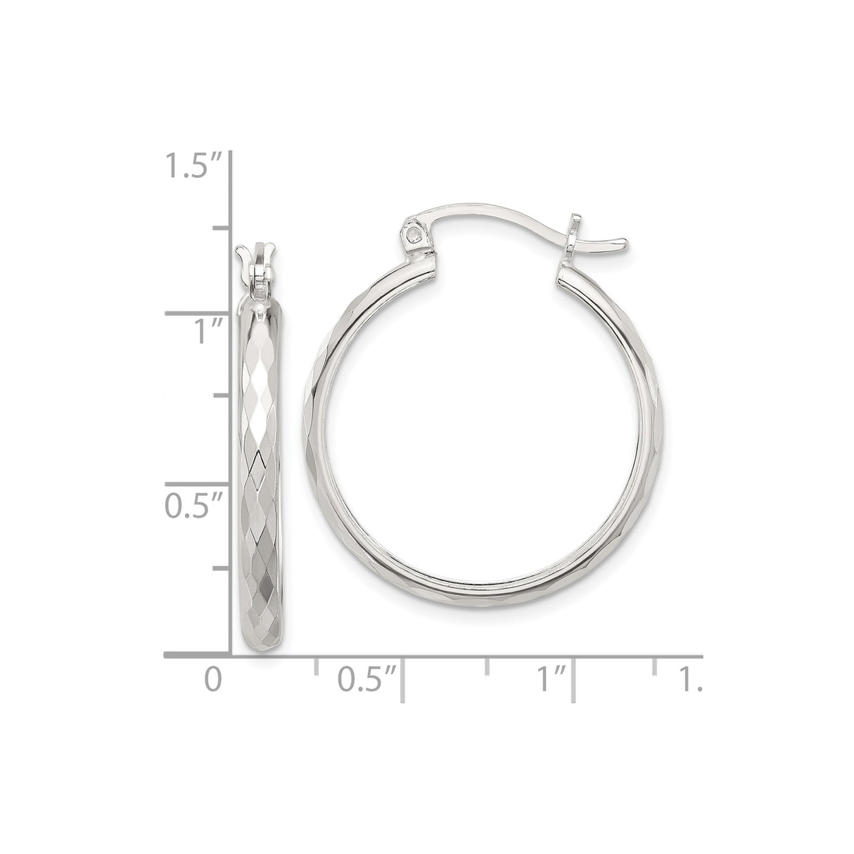 Sterling Silver Hoop Earrings, Diamond-Cut Textured Round Design with Polished Finish