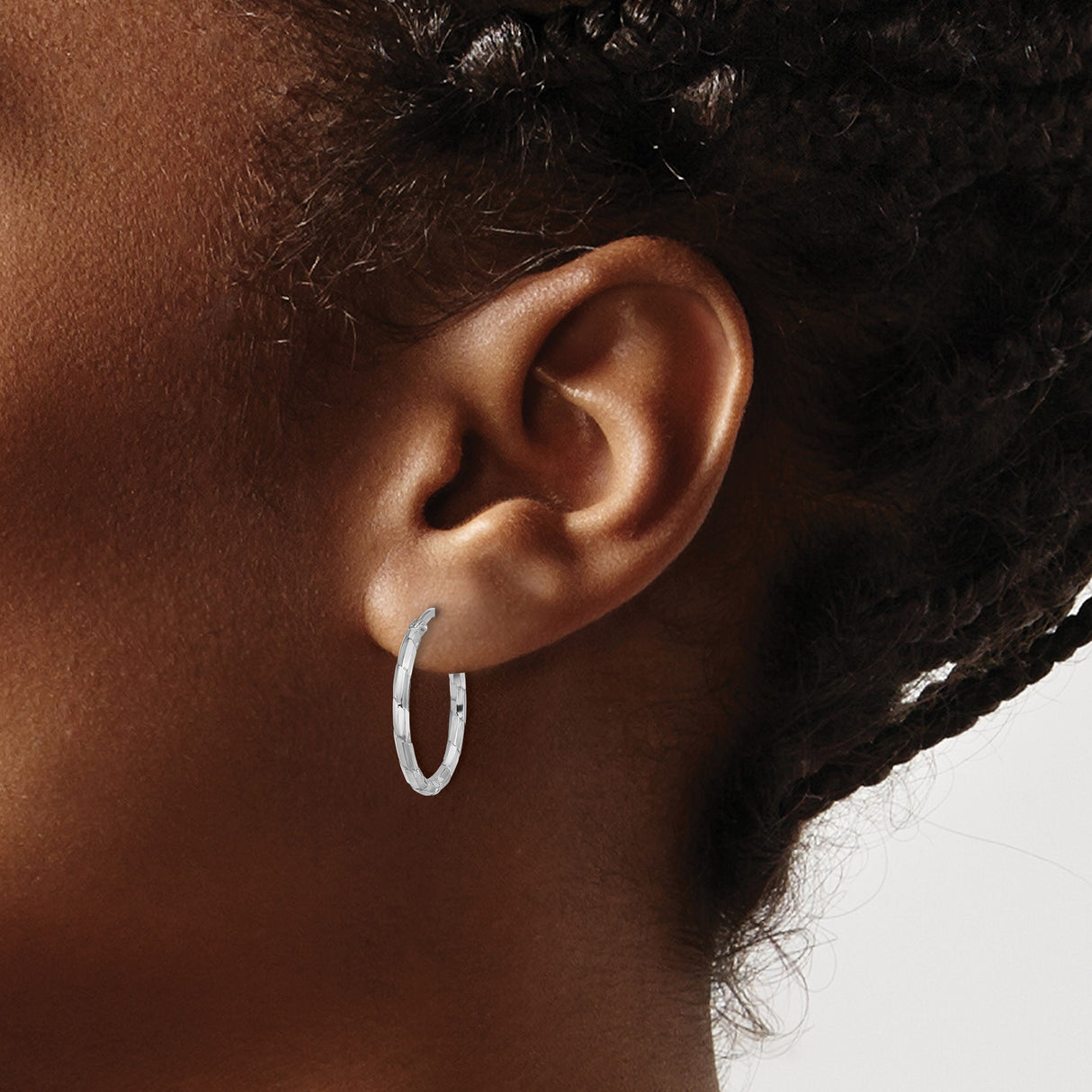 Sterling Silver Hoop Earrings with Polished Diamond Cut Texture and Rhodium Finish