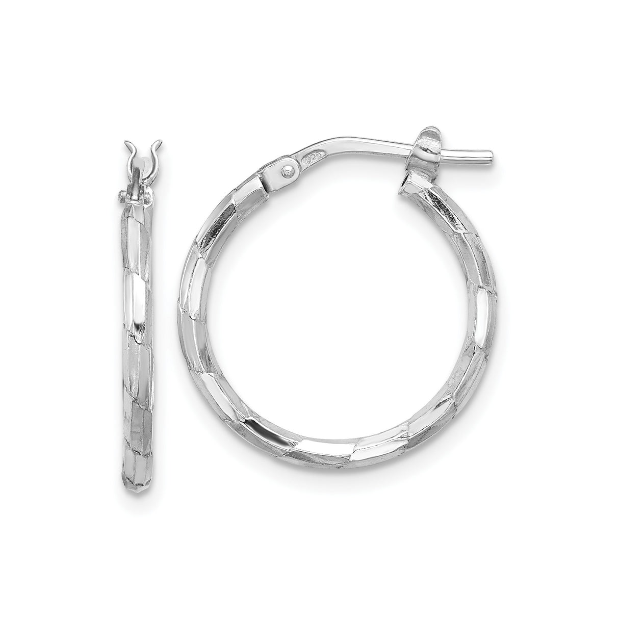 Sterling Silver Hoop Earrings with Polished Diamond Cut Texture and Rhodium Finish