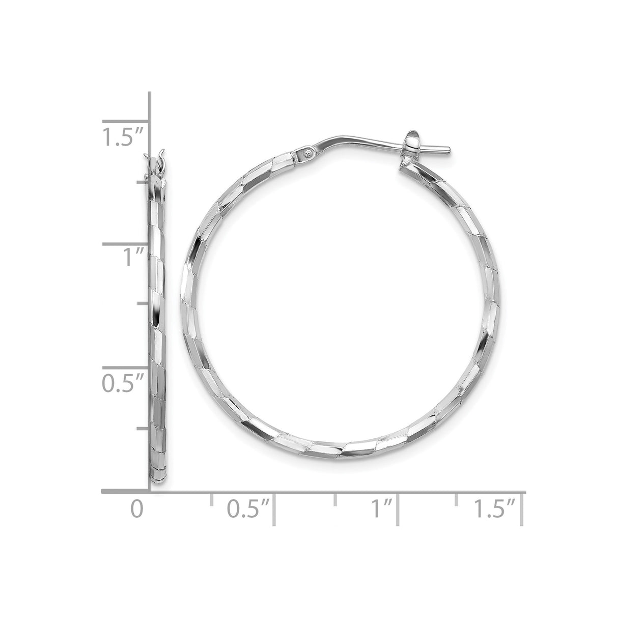 Sterling Silver Hoop Earrings, Rhodium Plated with Diamond Cut Textured Finish, Lightweight Design
