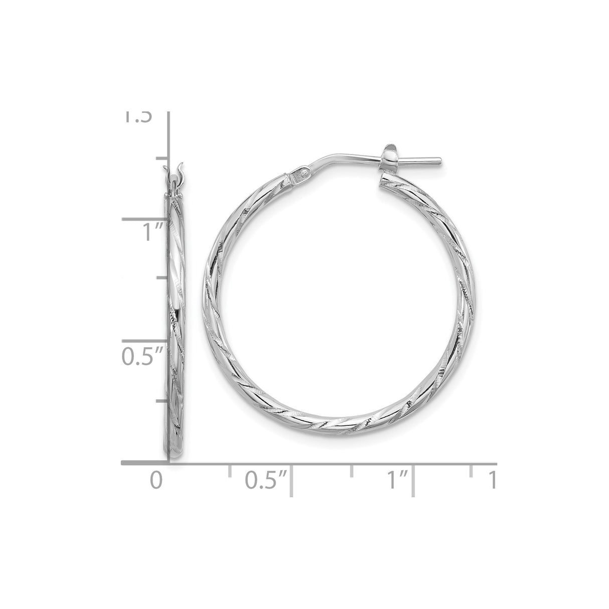 Sterling Silver Hoop Earrings with Twisted Diamond Cut Design, Rhodium Plated Lightweight Style