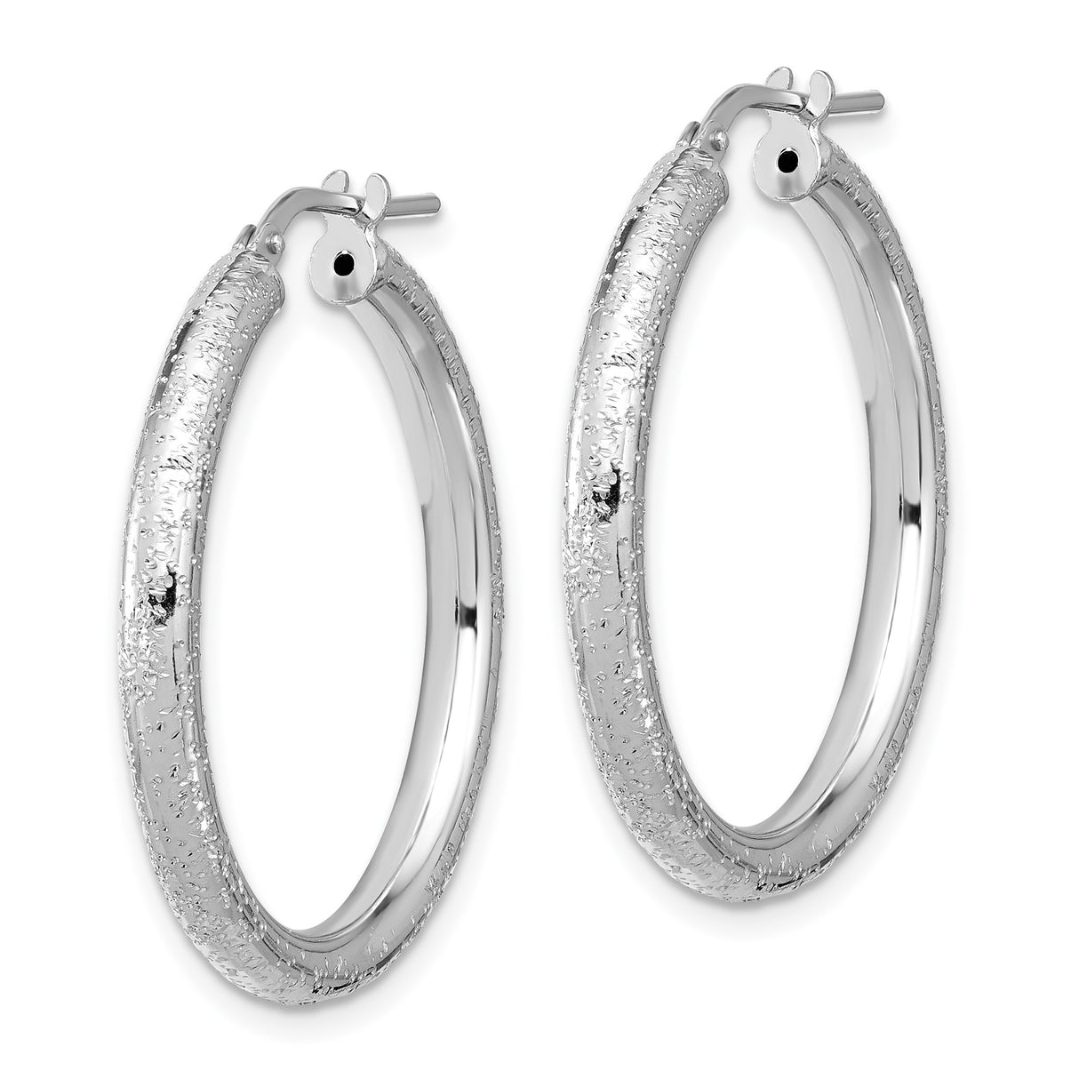 Sterling Silver Hoop Earrings with Textured Glitter Finish and Polished Rhodium Plating