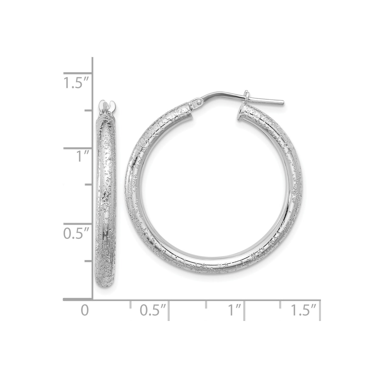 Sterling Silver Hoop Earrings with Textured Glitter Finish and Polished Rhodium Plating