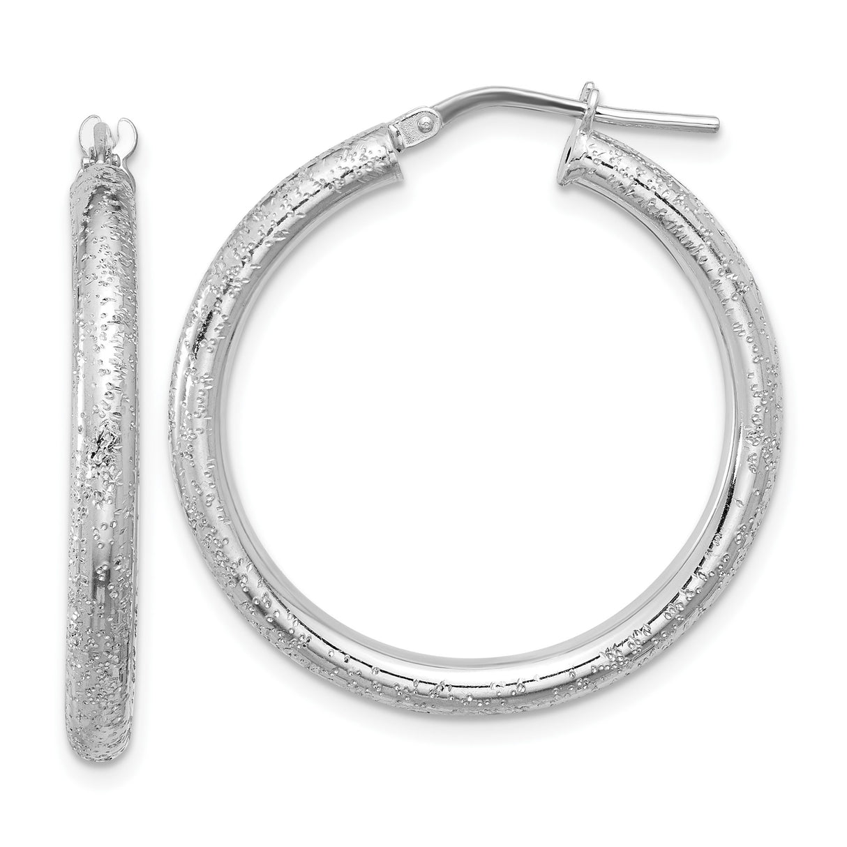 Sterling Silver Hoop Earrings with Textured Glitter Finish and Polished Rhodium Plating