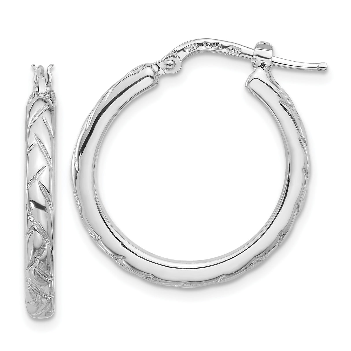 Sterling Silver Hoop Earrings with Polished Leaf Pattern, Lightweight Textured Design