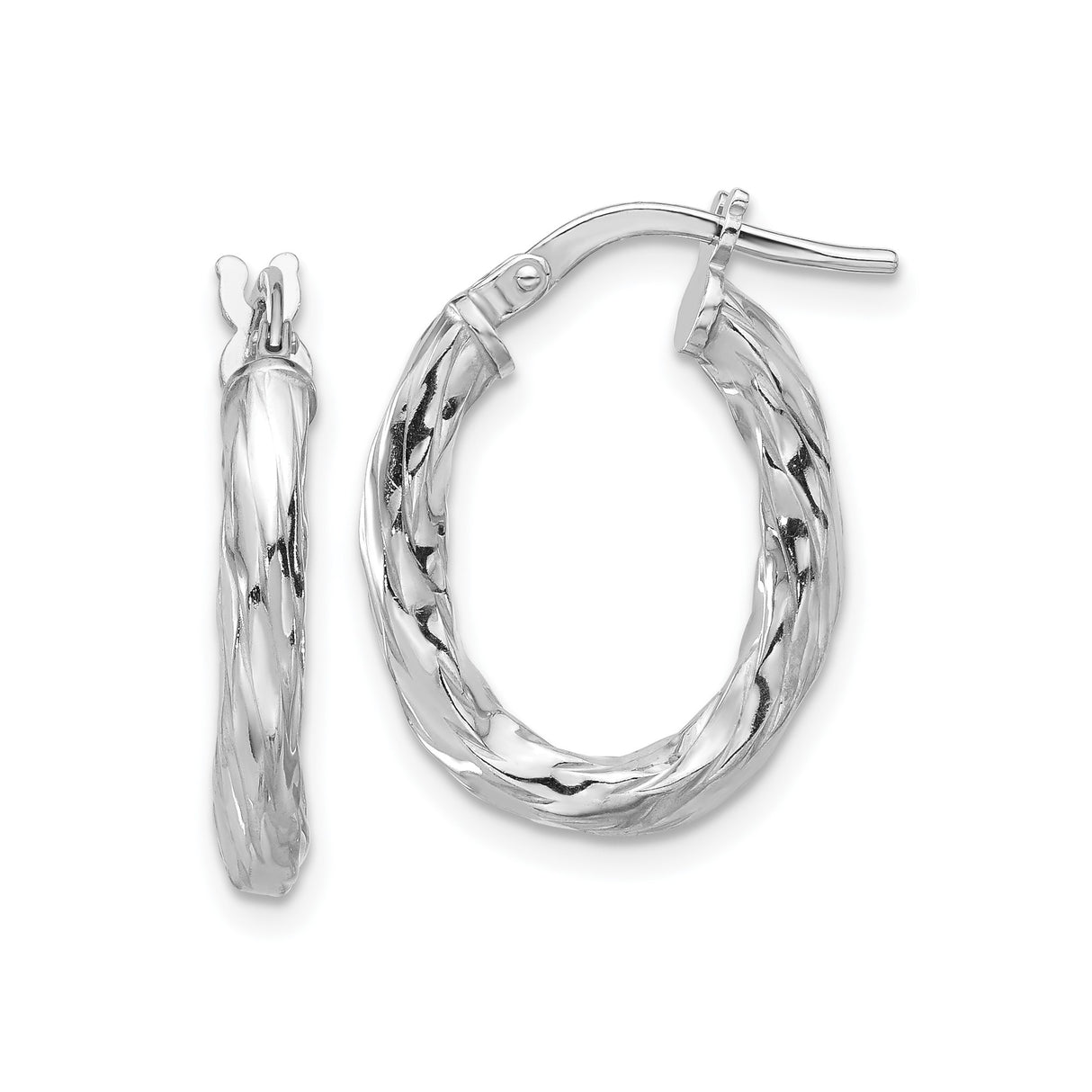 Sterling Silver Twisted Oval Hoop Earrings, Lightweight Braided Design, Rhodium Plated Finish