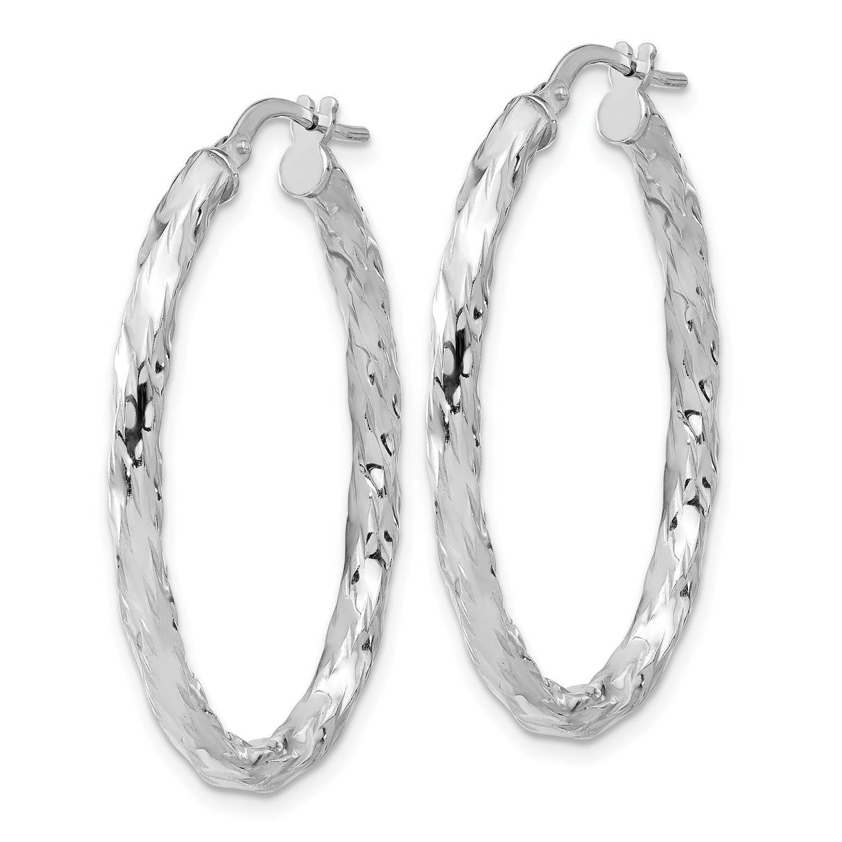 Sterling Silver Twisted Oval Hoop Earrings with Hammered Diamond Cut Texture