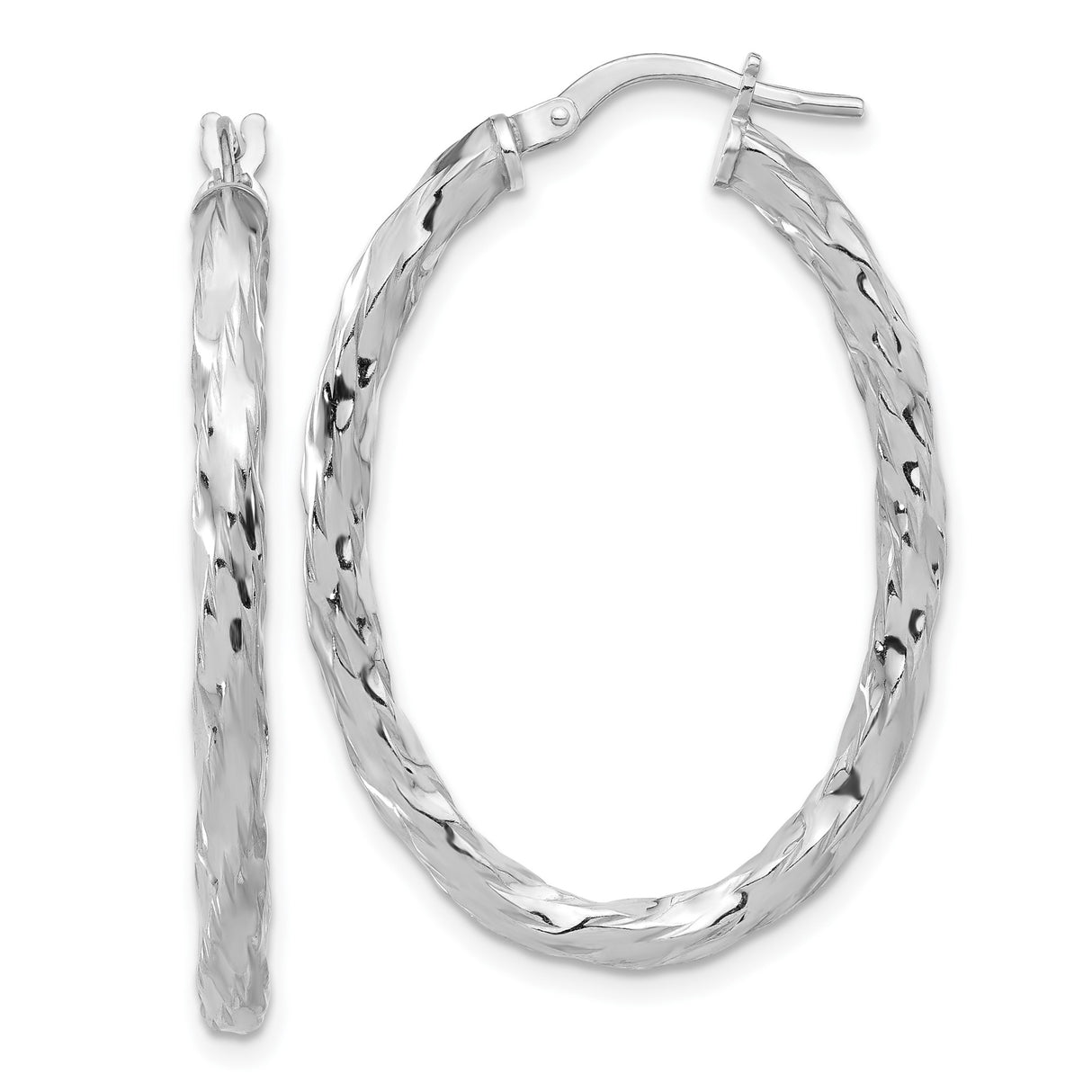 Sterling Silver Twisted Oval Hoop Earrings with Hammered Diamond Cut Texture