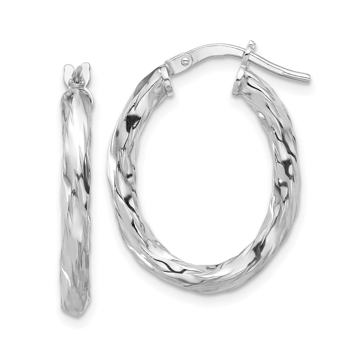 Sterling Silver Twisted Oval Hoop Earrings with Polished Hammered Texture, Medium Lightweight Design