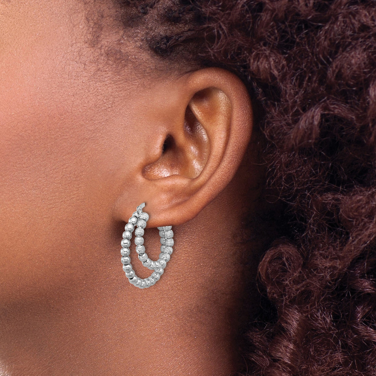 Sterling Silver Hoop Earrings with Graduated Polished Beads, Classic Round Minimalist Design