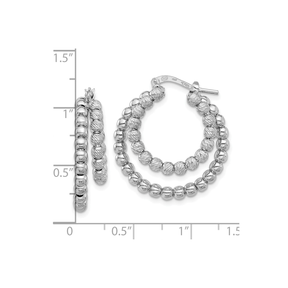 Sterling Silver Hoop Earrings with Polished and Textured Beaded Design, Rhodium Plated, Italian Made