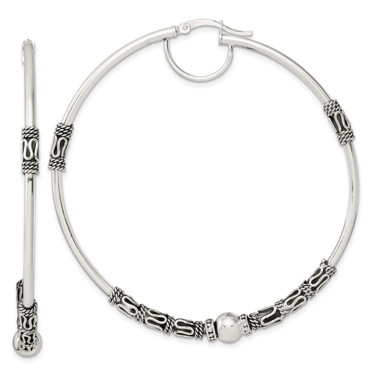 Sterling Silver Bangle Bracelet, Balinese Style with Swirl Pattern and Rope Accents