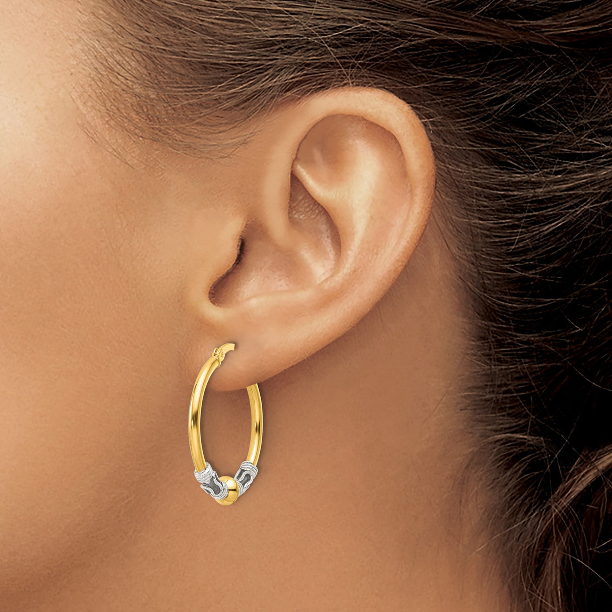 Sterling Silver and 14k Yellow Gold Hoop Earrings, Bali Style Scrollwork Design for Women