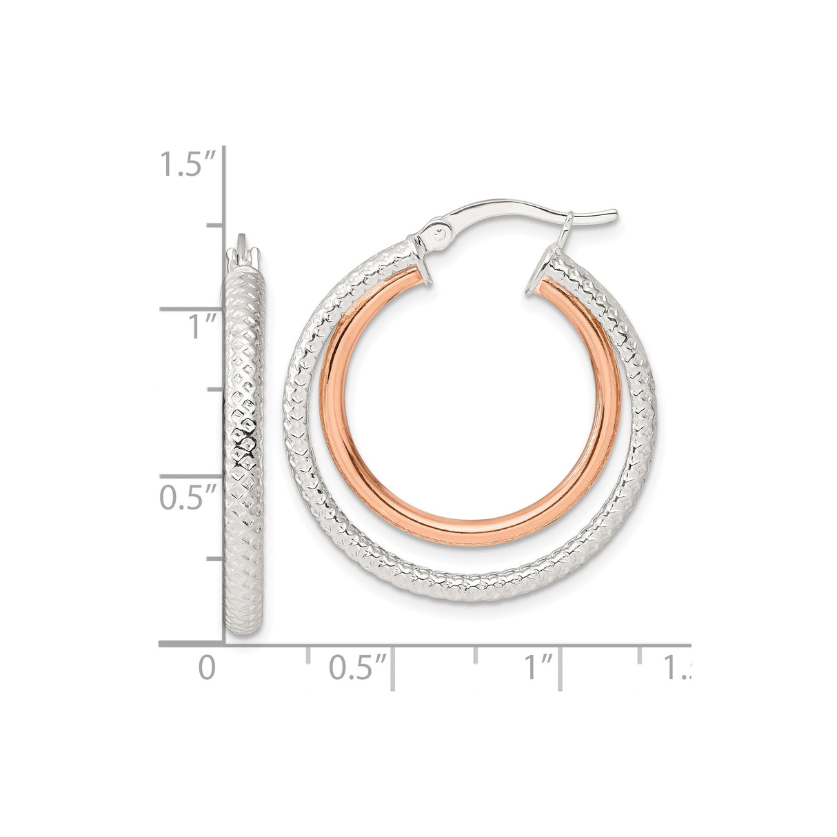 Sterling Silver Hoop Earrings, Rose Gold Two-Tone, Diamond Cut, Textured Dual Layer Design