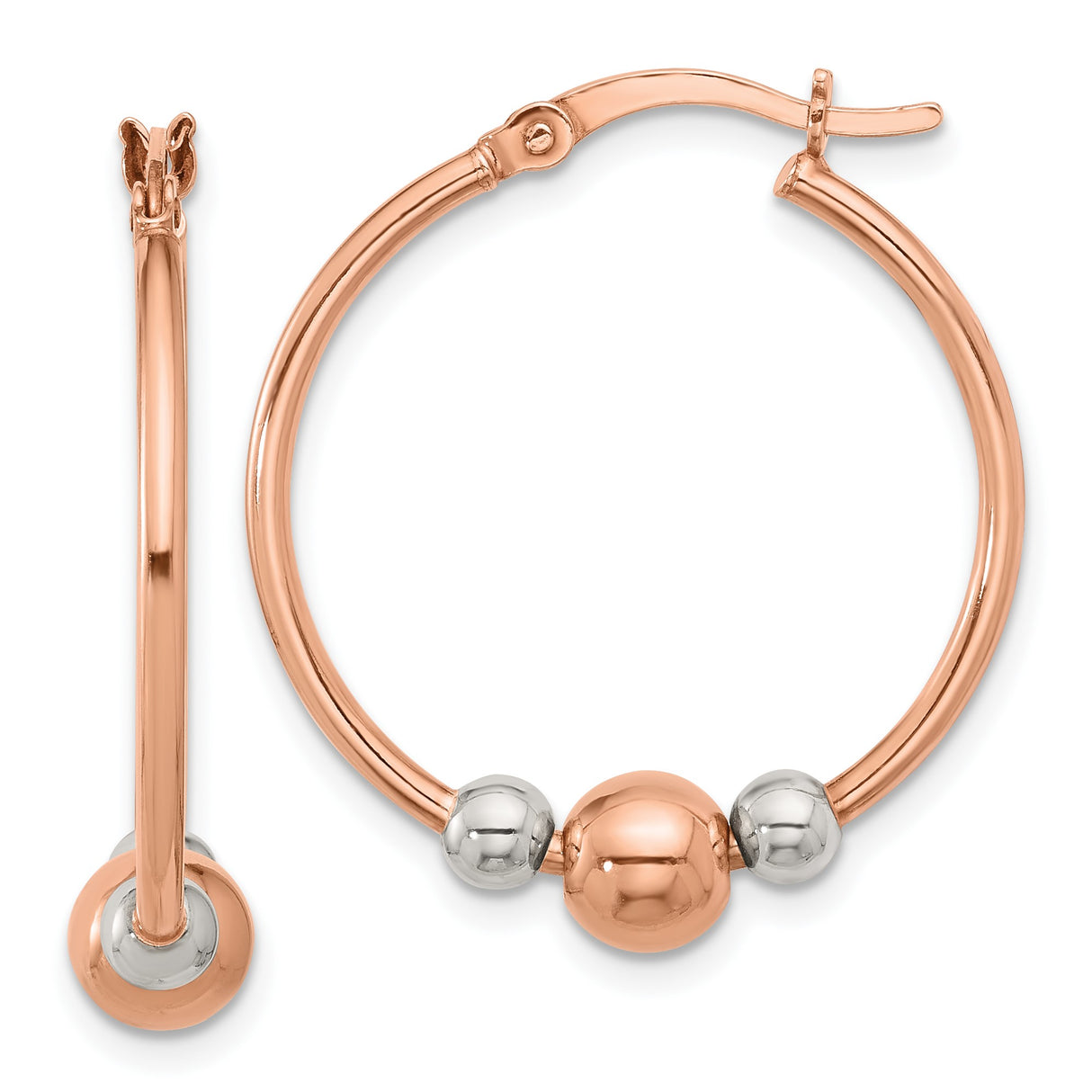 Sterling Silver Hoop Earrings with Rose Gold Tone Beads, Two-Tone Minimalist Design for Women