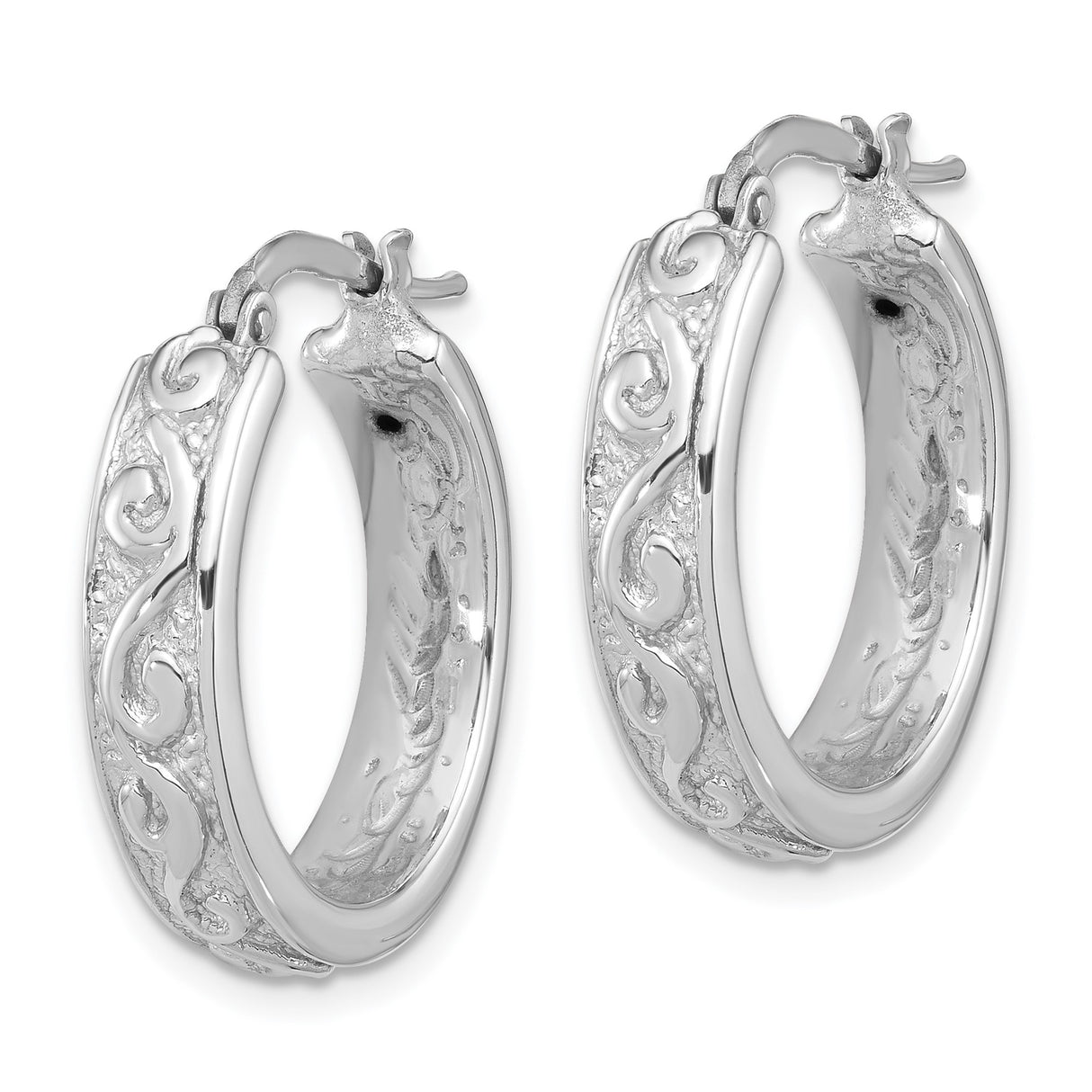 Sterling Silver Hoop Earrings with Textured Openwork Scroll Swirl Design