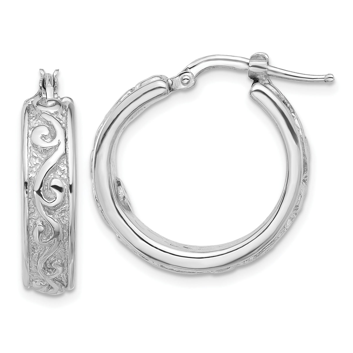 Sterling Silver Hoop Earrings with Textured Openwork Scroll Swirl Design