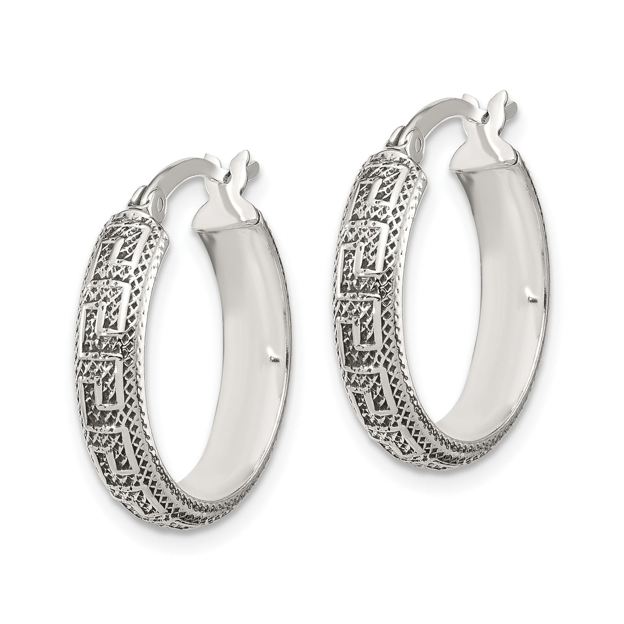 Sterling Silver Greek Key Hoop Earrings with Intricate Design and Textured Detailing for Women