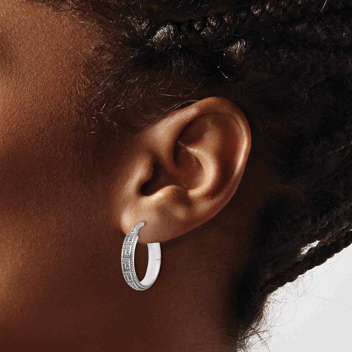 Sterling Silver Greek Key Hoop Earrings with Intricate Design and Textured Detailing for Women