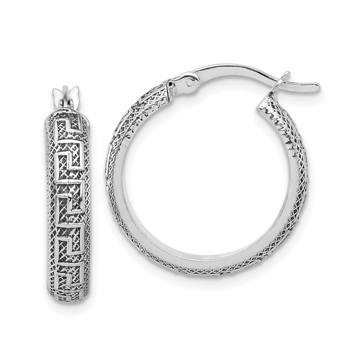 Sterling Silver Greek Key Hoop Earrings with Intricate Design and Textured Detailing for Women