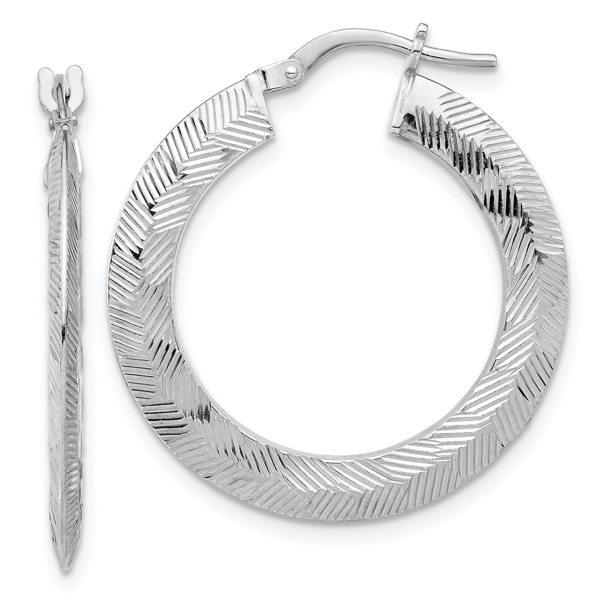 Sterling Silver Hoop Earrings with Chevron Texture, Lightweight Medium Round Design