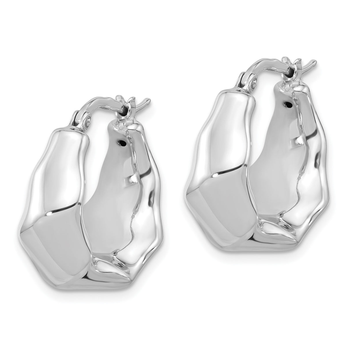 Sterling Silver Hoop Earrings, Abstract Organic Sculptural Design, Polished Rhodium Finish